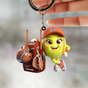Cute Baseball Softball Player Mascot With Bag - Personalized Baseball Softball Ball Keychain