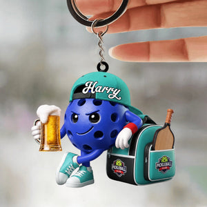 Beer Pickleball Keychain - Personalized Cute Pickleball Ball Mascot Keychain