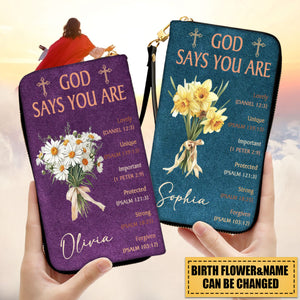 Personalized God Says You Are Birth Flower Bouquet PU Leather Long Wallet Gift for Christian