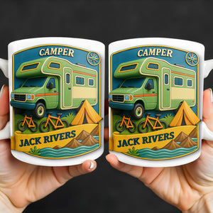 Camper, Tent, and Bicycles Design, Personalized Custom Coffee Mug, Perfect For Outdoor Lovers