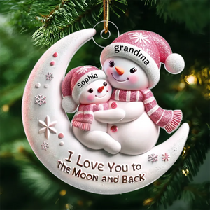 Snowman Grandma & Hugging Grandkid On The Moon Personalized Acrylic Ornament