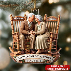 Old Couple Sitting On Rocking Chairs Together - Personalized Ornament