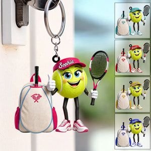 Cute Thumbs‑Up Tennis Ball Mascot with Tennis Backpack Design Keychain - Personalized Tennis Keychain