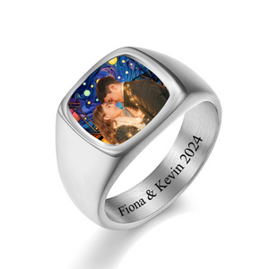 Love You Forever - Personalized Stained Glass Background Upload Photo Square Ring