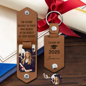Let The Journey Begin Graduation Gift - Personalized Leather Photo Keychain