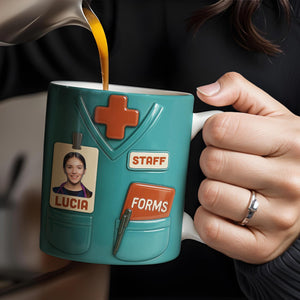 Celebrate Your Favorite Nurse, Medical Scrubs and ID Badge, Personalized Custom Coffee Mug