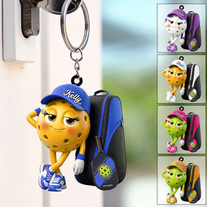 Cute Pickleball Girl Mascot With Sports Bag Keychain - Personalized Gift for Pickleball Lover