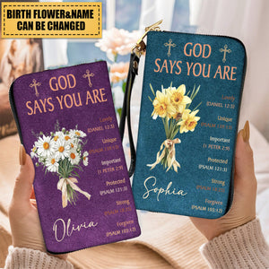 Personalized God Says You Are Birth Flower Bouquet PU Leather Long Wallet Gift for Christian