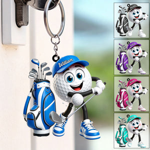 Energetic Swinging Personalized Golf Ball Mascot Keychain Gift for Male & Female Golfer