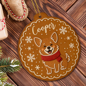 Cheerful Dog With Festive Scarf And Snowflakes, Personalized Wood Ornament, Gift For Dog Lovers