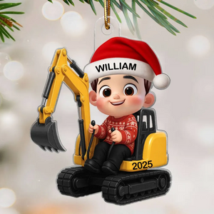 Cartoon Kid With Dinosaur Excavator Christmas - Personalized Acrylic Ornament - Unique Gift For Grandkids
