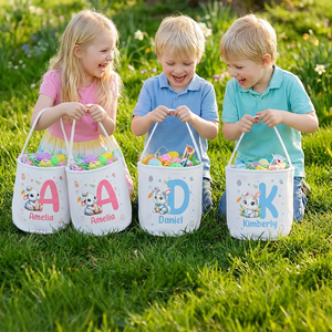 Personalized Cute Bunny Flower Canvas Easter Basket with Name and Initial Egg Hunting Accessories Easter Gift for Boys Girls
