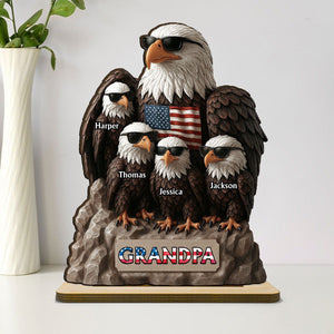 Patriotic Eagle Grandpa Dad & Kids Personalized Standing Wooden Plaque, Gift For Dad Grandpa