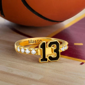Personalized Sports Team Number Birthstone Ring with Custom Engraving Text - Basketball Baseball Mom Ring
