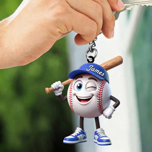 Playful Wink Baseball Softball Player Keychain - Personalized Cute Mascot Keychain
