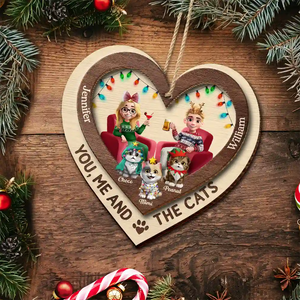 Heart You Me And The Cat - Personalized 2-Layered Wooden Ornament Gift For Cat Lover Couple