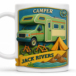 Camper, Tent, and Bicycles Design, Personalized Custom Coffee Mug, Perfect For Outdoor Lovers