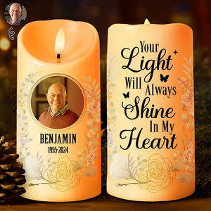 Your Light Will Always Shine In Our Hearts Memorial - Personalized Photo LED Candle