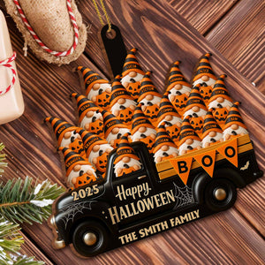 Happy Halloween Family Truck With Pumpkins, Personalized Custom Wood Ornamen