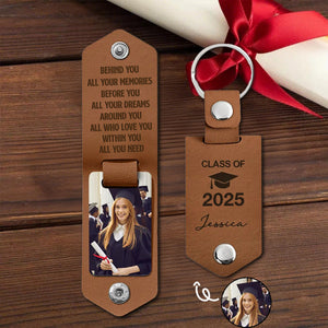 Let The Journey Begin Graduation Gift - Personalized Leather Photo Keychain