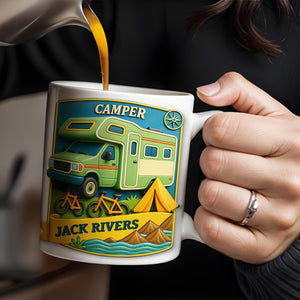 Camper, Tent, and Bicycles Design, Personalized Custom Coffee Mug, Perfect For Outdoor Lovers