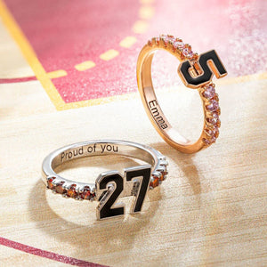 Personalized Sports Team Number Birthstone Ring with Custom Engraving Text - Basketball Baseball Mom Ring