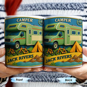 Camper, Tent, and Bicycles Design, Personalized Custom Coffee Mug, Perfect For Outdoor Lovers
