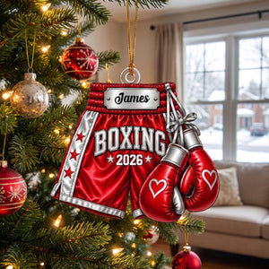 Personalized Boxing Gloves & Shorts Christmas Ornament 2026 โ Custom Name Acrylic Keepsake | Gift For Boxers & Coaches