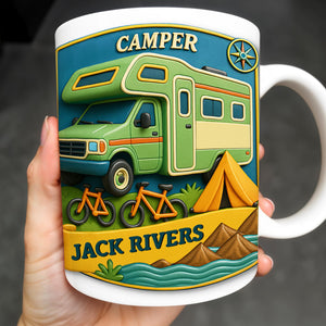 Camper, Tent, and Bicycles Design, Personalized Custom Coffee Mug, Perfect For Outdoor Lovers