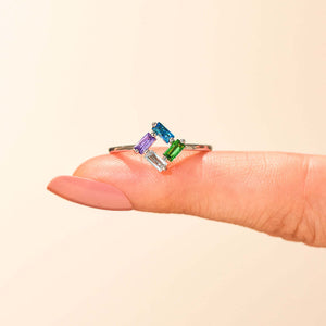 Personalized Baguette Mothers 3-6 Birthstones Family 925 Silver Ring