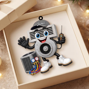 Friendly HVAC Air Vent Blower Mascot Waving Hand Ornament β Personalized Heating & Cooling Tech Gift