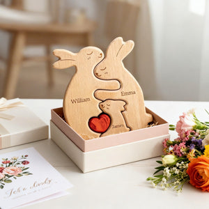 Wooden Rabbit Family Puzzle With Heart - Personalized Puzzle for Family