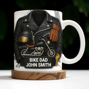 Bike Dad, Motorcycle and Leather Jacket, Personalized Coffee Mug, Gift For Dads and Bikers