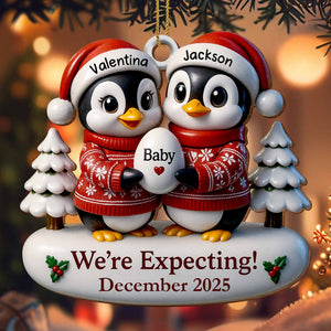 We're Expecting December With Penguins And Christmas Trees, Personalized Custom Wood Ornament