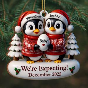 We're Expecting December With Penguins And Christmas Trees, Personalized Custom Wood Ornament