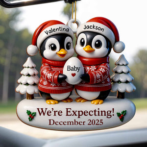 We're Expecting December With Penguins And Christmas Trees, Personalized Custom Wood Ornament