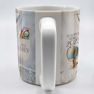 Teacher Since 2025 Featuring Tie, Globe, and Pocket, Personalized Coffee Mug, Gift For Teachers