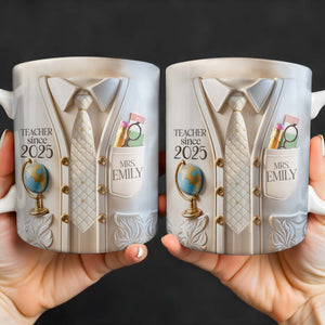Teacher Since 2025 Featuring Tie, Globe, and Pocket, Personalized Coffee Mug, Gift For Teachers