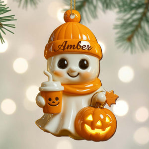 Celebrate Cozy Autumn Vibes Ghost and Pumpkin, Personalized Wood Ornament Gift for Halloween Lovers