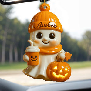 Celebrate Cozy Autumn Vibes Ghost and Pumpkin, Personalized Wood Ornament Gift for Halloween Lovers