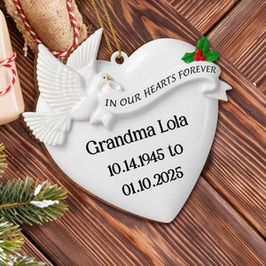 In Our Hearts Forever Heart and Dove Ornament, Custom Wood Ornament, Gift for Family