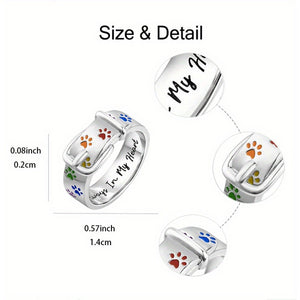 Always In My Heart, Colorful Paw Print Dog Collar-Shaped Ring