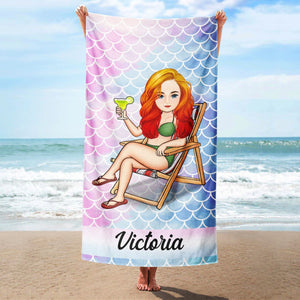 Traveling Beach Poolside Swimming Picnic Vacation Cartoon - Personalized Custom Beach Towel