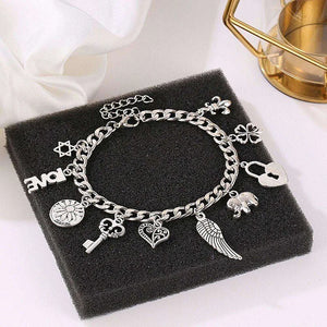 Vintage Engraved Heart Lock Key Wings Charm Ancient Silver Bracelet