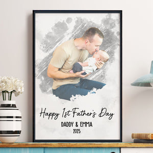 Happy 1st Father's Day - Watercolor Style Personalized Photo Poster/Canvas