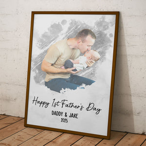 Happy 1st Father's Day - Watercolor Style Personalized Photo Poster/Canvas
