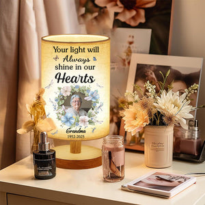 Your Light Will Always Shine In Our Hearts - Personalized Memorial Tableside Lamp With Wood Base