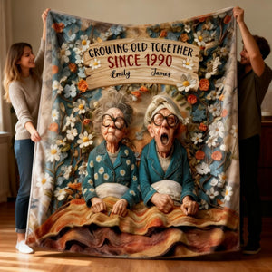 Growing Old Together, Elderly Couple And Flowers, Personalized Blanket, Gift For Couples And Grandparents