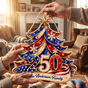 America 250th Anniversary Christmas Tree Wood Sign - Personalized Gifts for Patriotic Family
