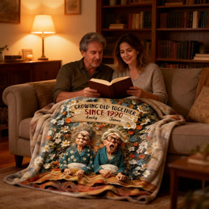 Growing Old Together, Elderly Couple And Flowers, Personalized Blanket, Gift For Couples And Grandparents